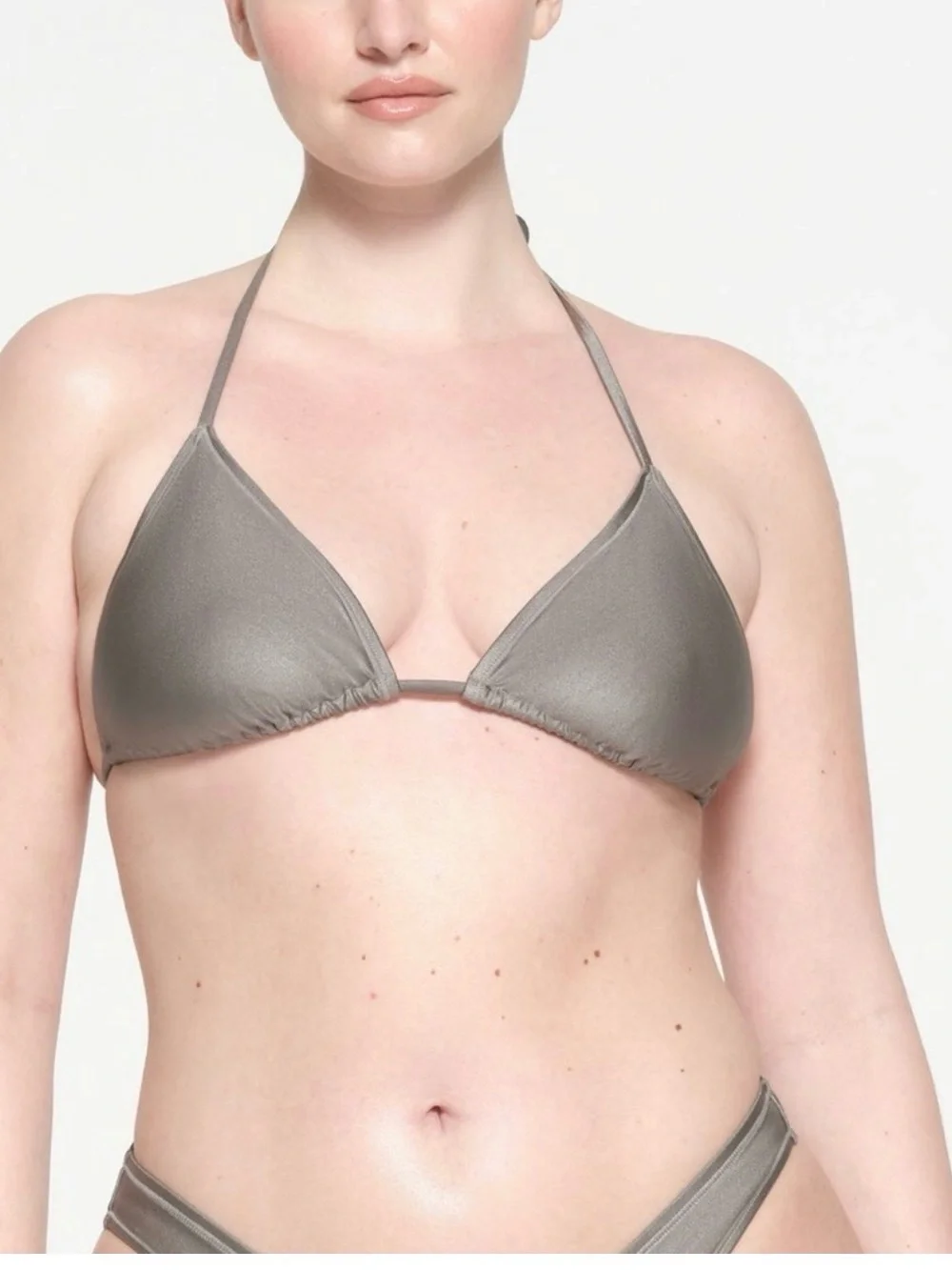 Skims Shine Swim Triangle Liquid Smoke Halter Bikini Top in Metallic Gray